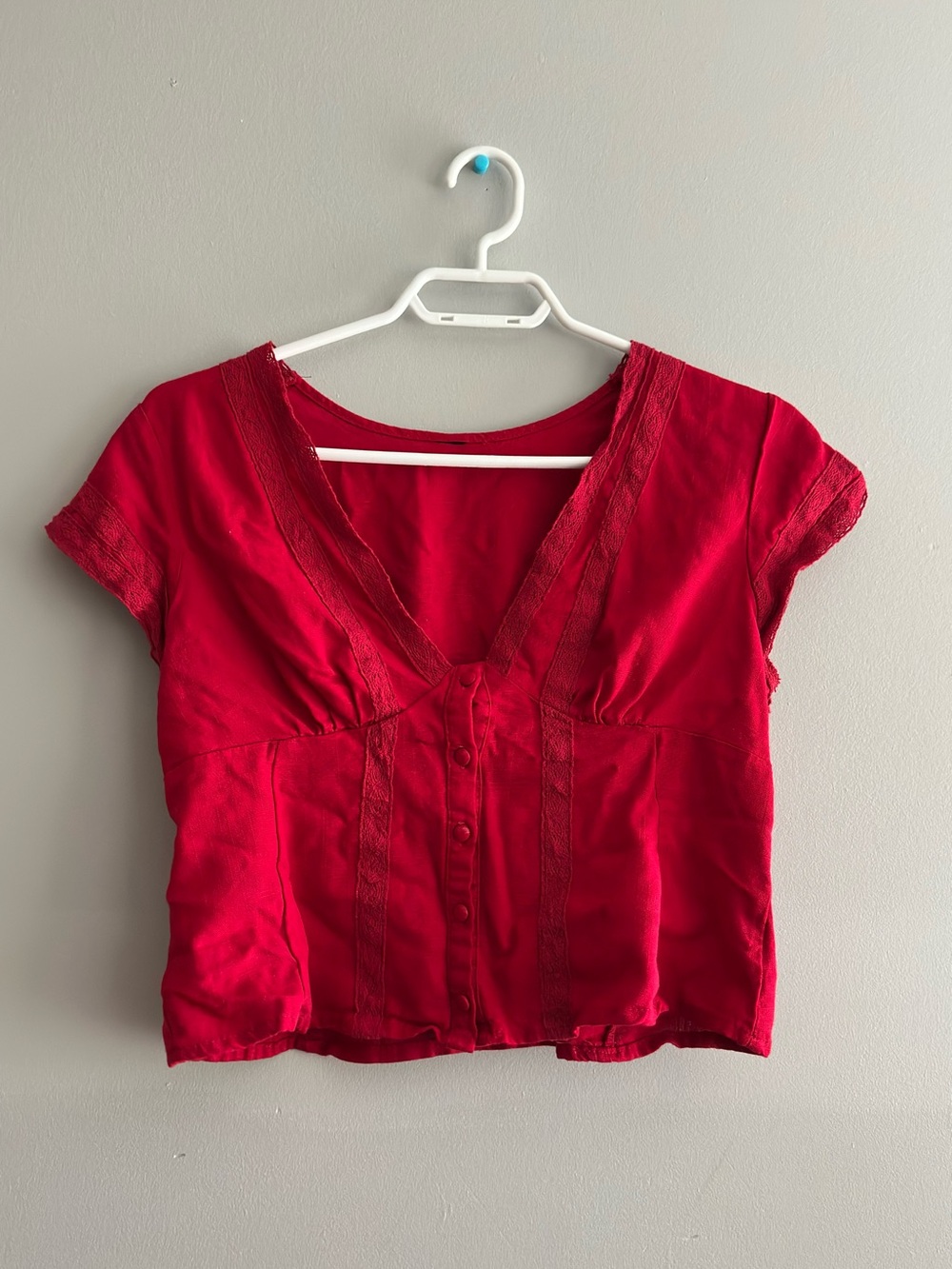 Women's Red V-Neck Button-Front Blouse